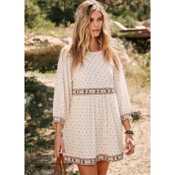 Sezane Dresses & Skirts - EUC Sezane Grace Embroidered Cotton Babydoll Tie-Back Mini Dress Ecru 36, S
